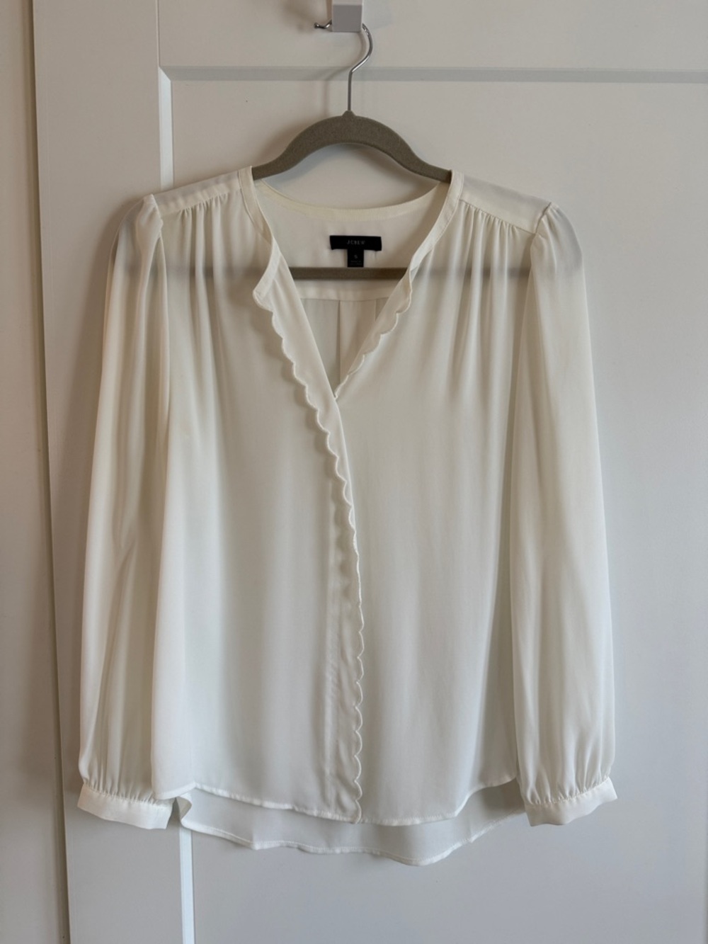 J. Crew Ivory Scalloped V-Neck Long Sleeve Blouse